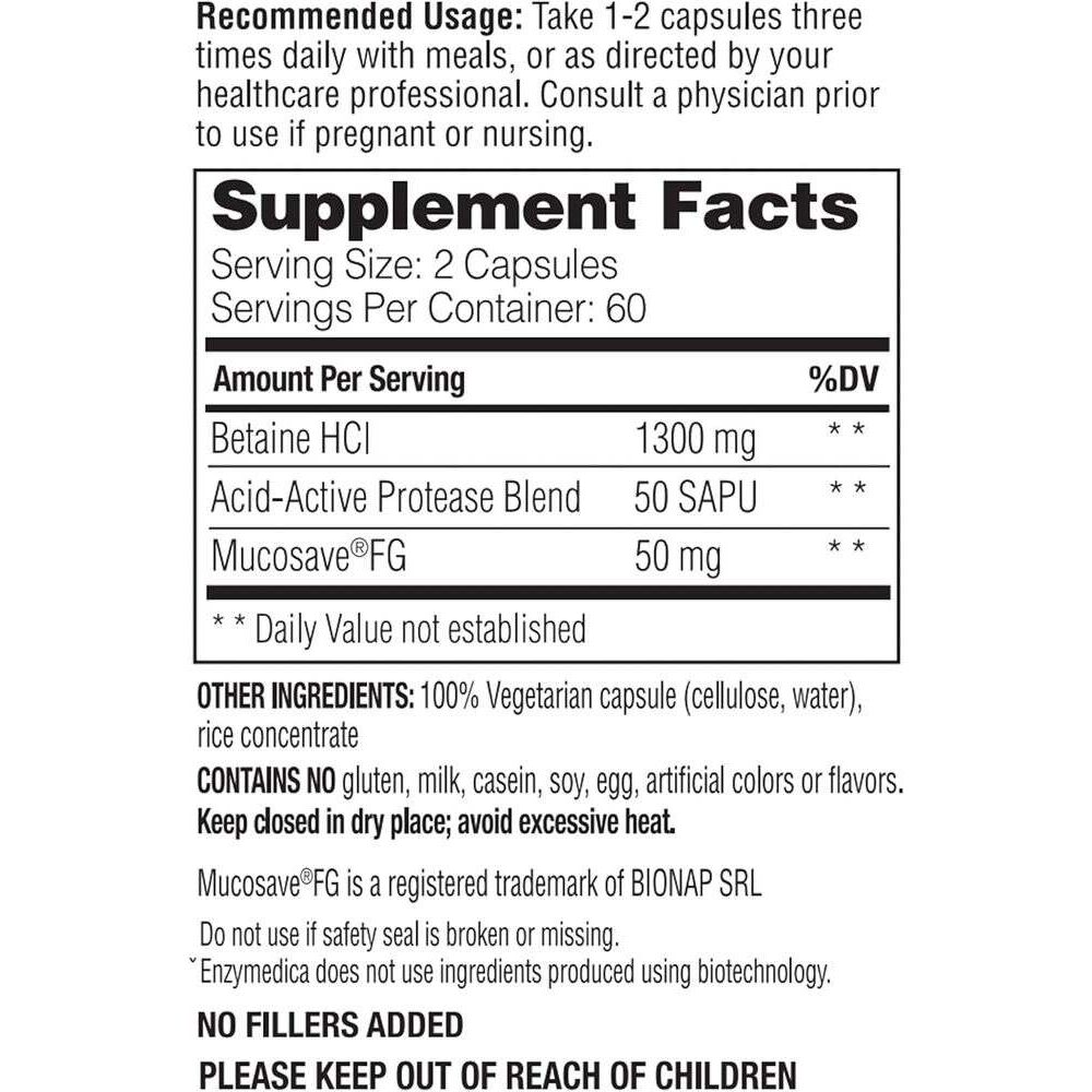 Enzymedica Betaine HCI 600mg 60 capsules - Billede 3