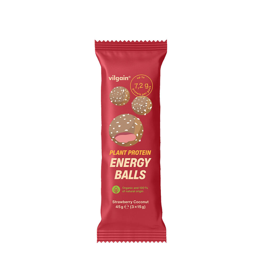 Vilgain Plant Protein Energy Balls BIO Jordbær-kokos (45 g) - Viking Supplements